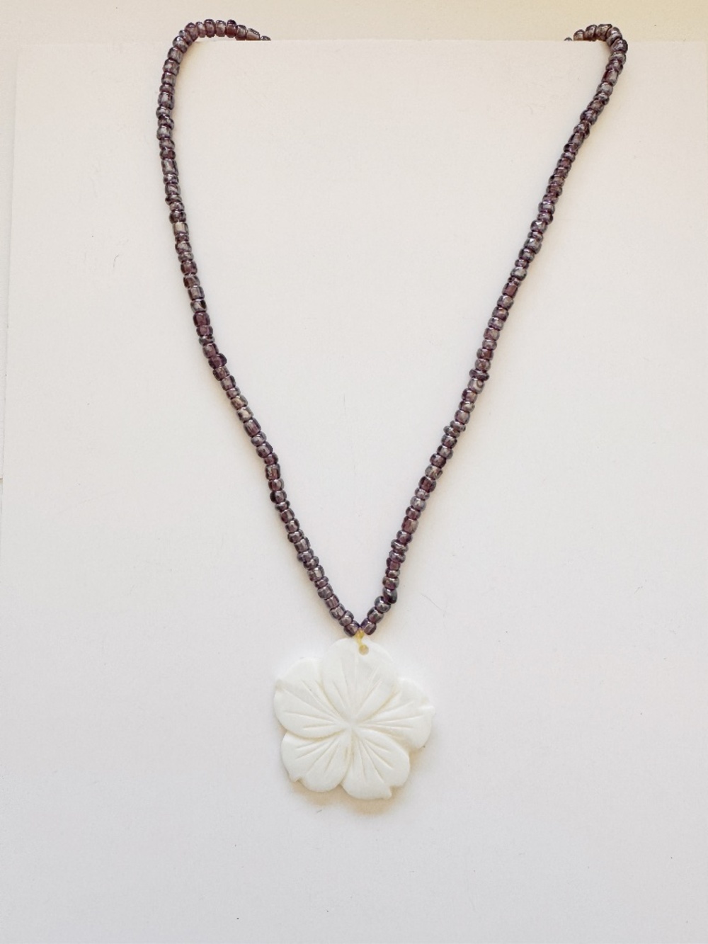 Boho Beaded Necklace White Flower Pendant Purple Glass Beads Summer Beach